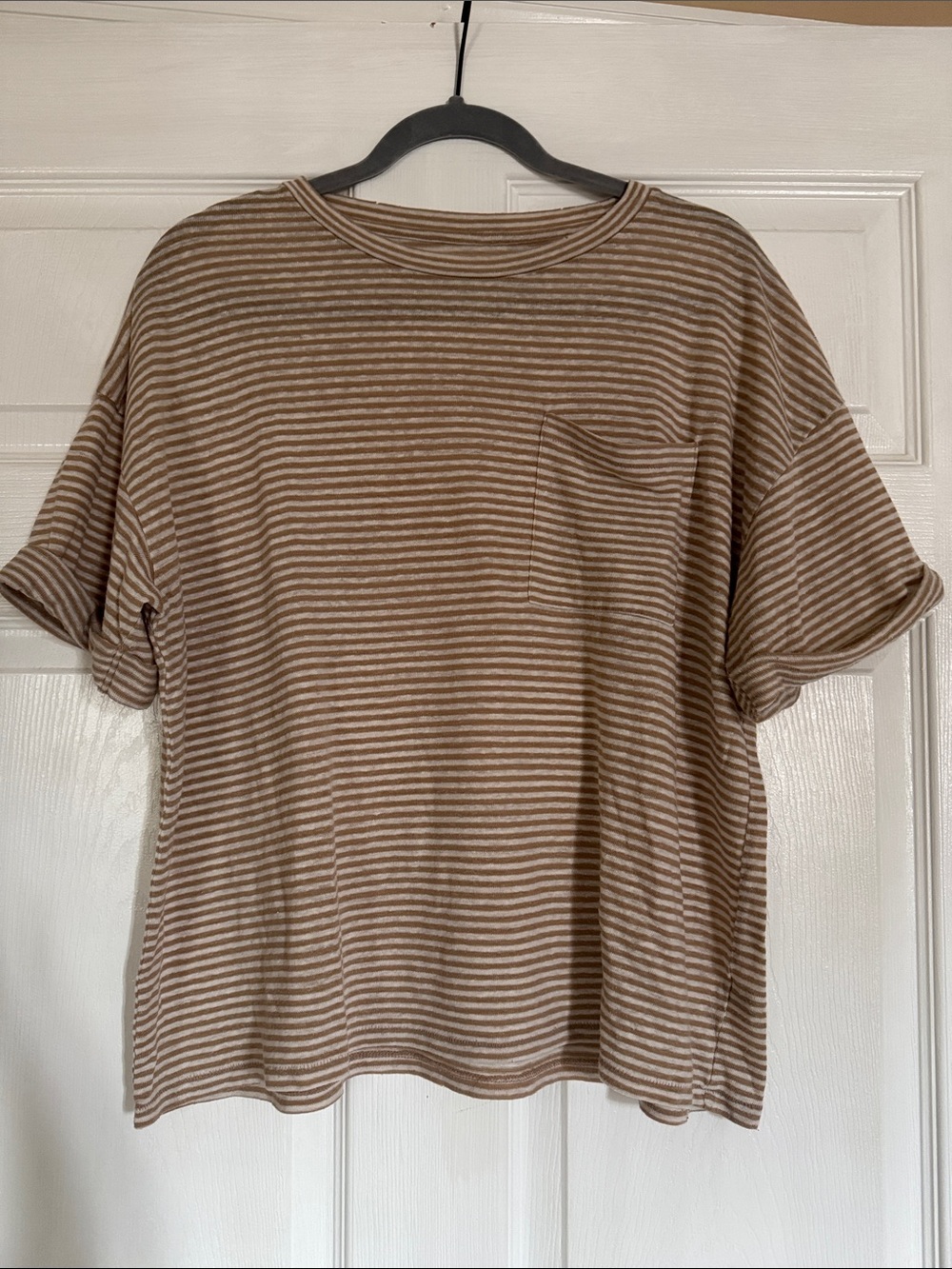 aerie Brown and Cream Striped Short Sleeve Pocket Tee